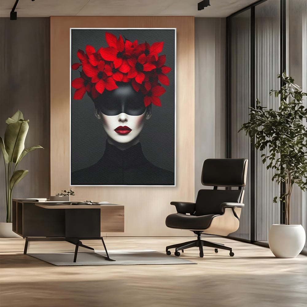 Tablou Canvas Premium, LuxCanva® P1046, Imparateasa in Negru si Rosu, Regina, Intunecat, Rosu, Coroana, Flori, Regal, Dramatic, Masca, Feminitate, Iubire, Living, Dormitor