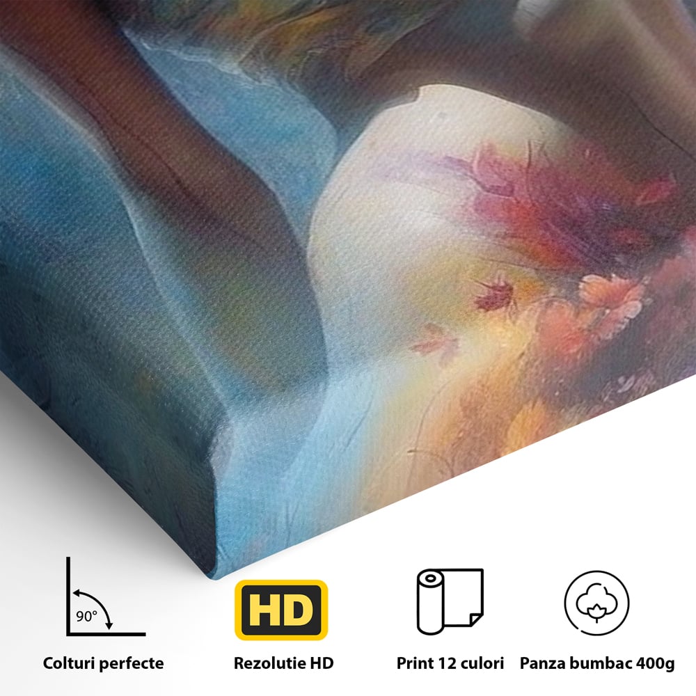 Tablou Canvas Premium, LuxCanva® P1048, Spiritul Primaverii, Lumina, Femeie, Vis, Renastere, Culori, Trup, Flori, Miscare, Armonie, Mistic, Emotie, Natura, Traire, Living, Dormitor
