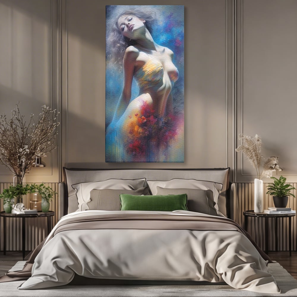 Tablou Canvas Premium, LuxCanva® P1048, Spiritul Primaverii, Lumina, Femeie, Vis, Renastere, Culori, Trup, Flori, Miscare, Armonie, Mistic, Emotie, Natura, Traire, Living, Dormitor
