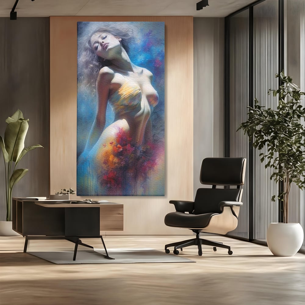 Tablou Canvas Premium, LuxCanva® P1048, Spiritul Primaverii, Lumina, Femeie, Vis, Renastere, Culori, Trup, Flori, Miscare, Armonie, Mistic, Emotie, Natura, Traire, Living, Dormitor