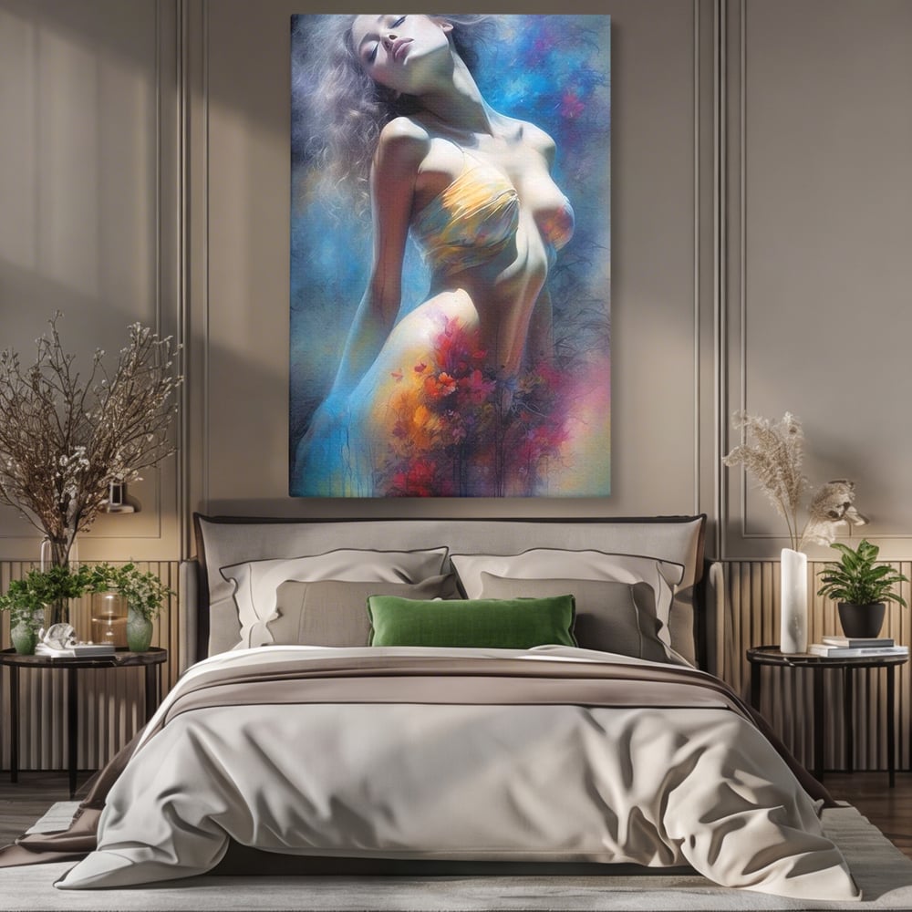 Tablou Canvas Premium, LuxCanva® P1048, Spiritul Primaverii, Lumina, Femeie, Vis, Renastere, Culori, Trup, Flori, Miscare, Armonie, Mistic, Emotie, Natura, Traire, Living, Dormitor
