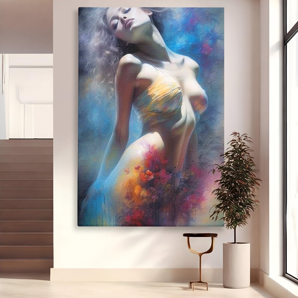 Tablou Canvas Premium, LuxCanva® P1048, Spiritul Primaverii, Lumina, Femeie, Vis, Renastere, Culori, Trup, Flori, Miscare, Armonie, Mistic, Emotie, Natura, Traire, Living, Dormitor
