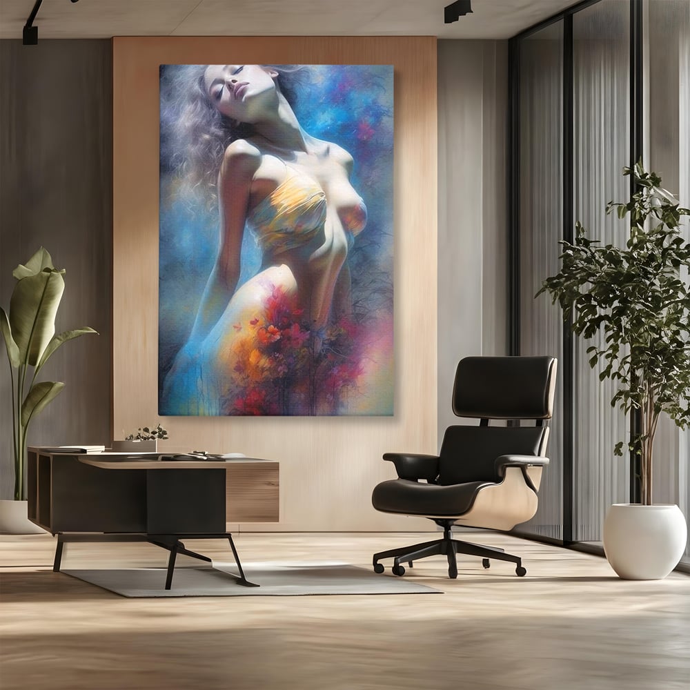 Tablou Canvas Premium, LuxCanva® P1048, Spiritul Primaverii, Lumina, Femeie, Vis, Renastere, Culori, Trup, Flori, Miscare, Armonie, Mistic, Emotie, Natura, Traire, Living, Dormitor