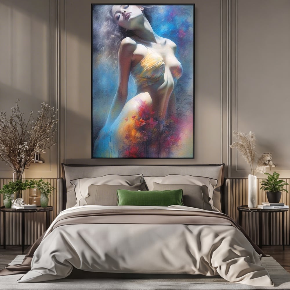 Tablou Canvas Premium, LuxCanva® P1048, Spiritul Primaverii, Lumina, Femeie, Vis, Renastere, Culori, Trup, Flori, Miscare, Armonie, Mistic, Emotie, Natura, Traire, Living, Dormitor