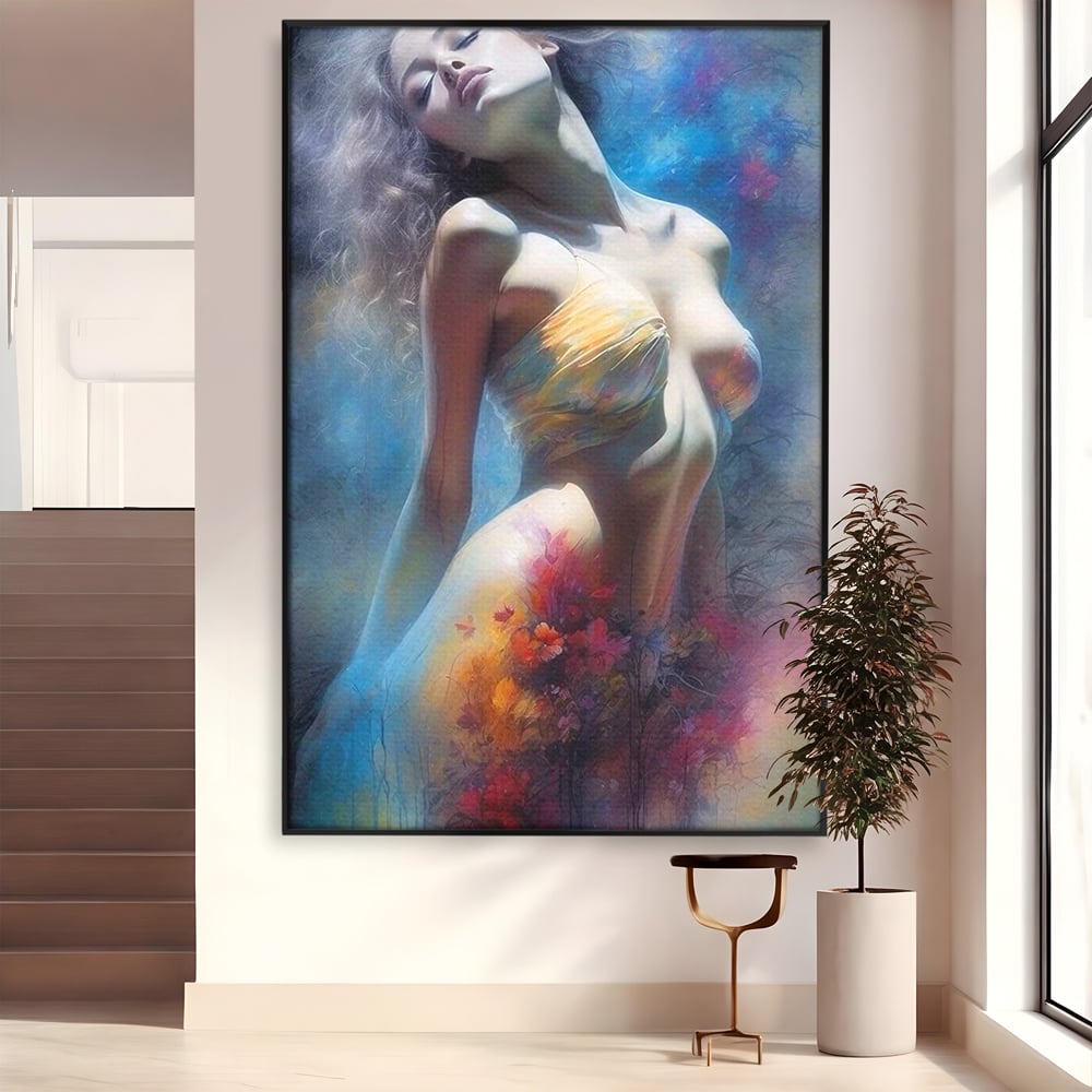 Tablou Canvas Premium, LuxCanva® P1048, Spiritul Primaverii, Lumina, Femeie, Vis, Renastere, Culori, Trup, Flori, Miscare, Armonie, Mistic, Emotie, Natura, Traire, Living, Dormitor