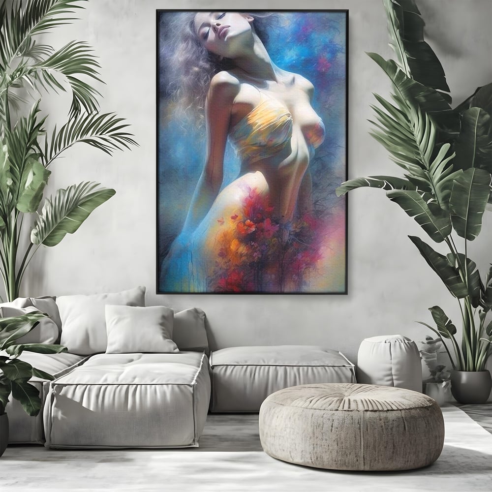 Tablou Canvas Premium, LuxCanva® P1048, Spiritul Primaverii, Lumina, Femeie, Vis, Renastere, Culori, Trup, Flori, Miscare, Armonie, Mistic, Emotie, Natura, Traire, Living, Dormitor