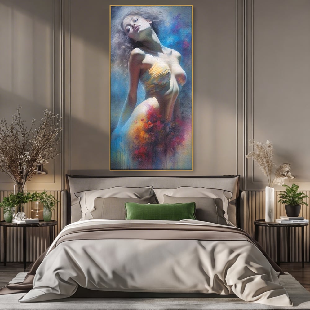 Tablou Canvas Premium, LuxCanva® P1048, Spiritul Primaverii, Lumina, Femeie, Vis, Renastere, Culori, Trup, Flori, Miscare, Armonie, Mistic, Emotie, Natura, Traire, Living, Dormitor
