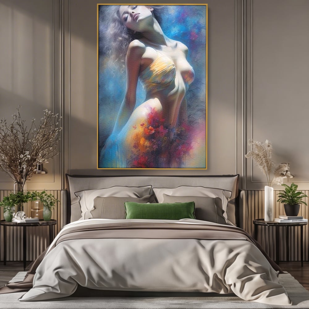 Tablou Canvas Premium, LuxCanva® P1048, Spiritul Primaverii, Lumina, Femeie, Vis, Renastere, Culori, Trup, Flori, Miscare, Armonie, Mistic, Emotie, Natura, Traire, Living, Dormitor