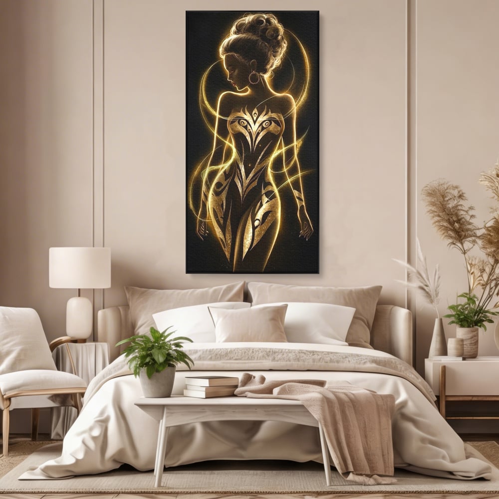 Tablou Canvas Premium, LuxCanva® P1049, Dansul Aurului, Regina, Lumina, Silueta, Divin, Spirit, Aurora, Feminitate, Energie, Solar, Regal, Trup, Sacru, Gratie, Cosmic, Living, Dormitor