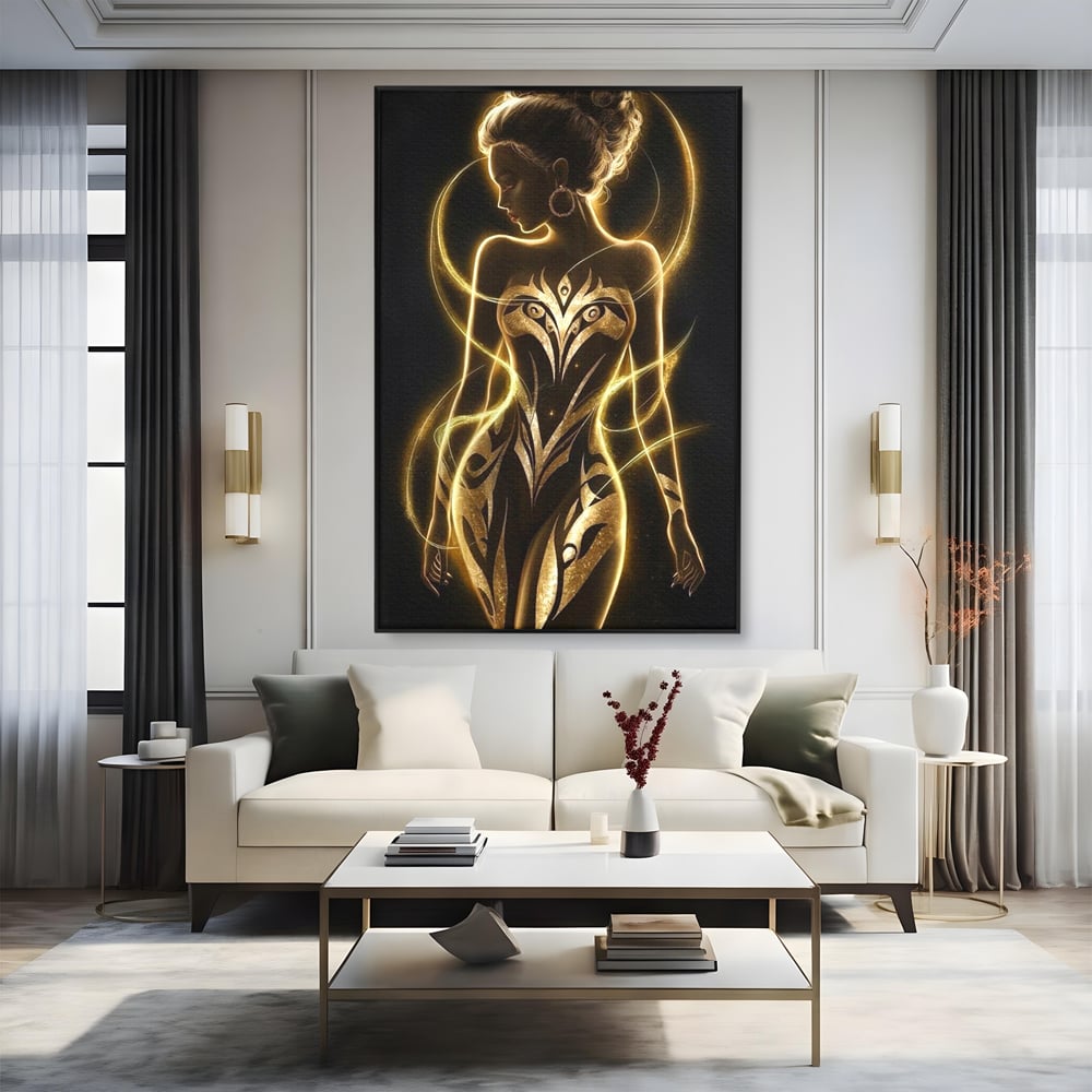 Tablou Canvas Premium, LuxCanva® P1049, Dansul Aurului, Regina, Lumina, Silueta, Divin, Spirit, Aurora, Feminitate, Energie, Solar, Regal, Trup, Sacru, Gratie, Cosmic, Living, Dormitor