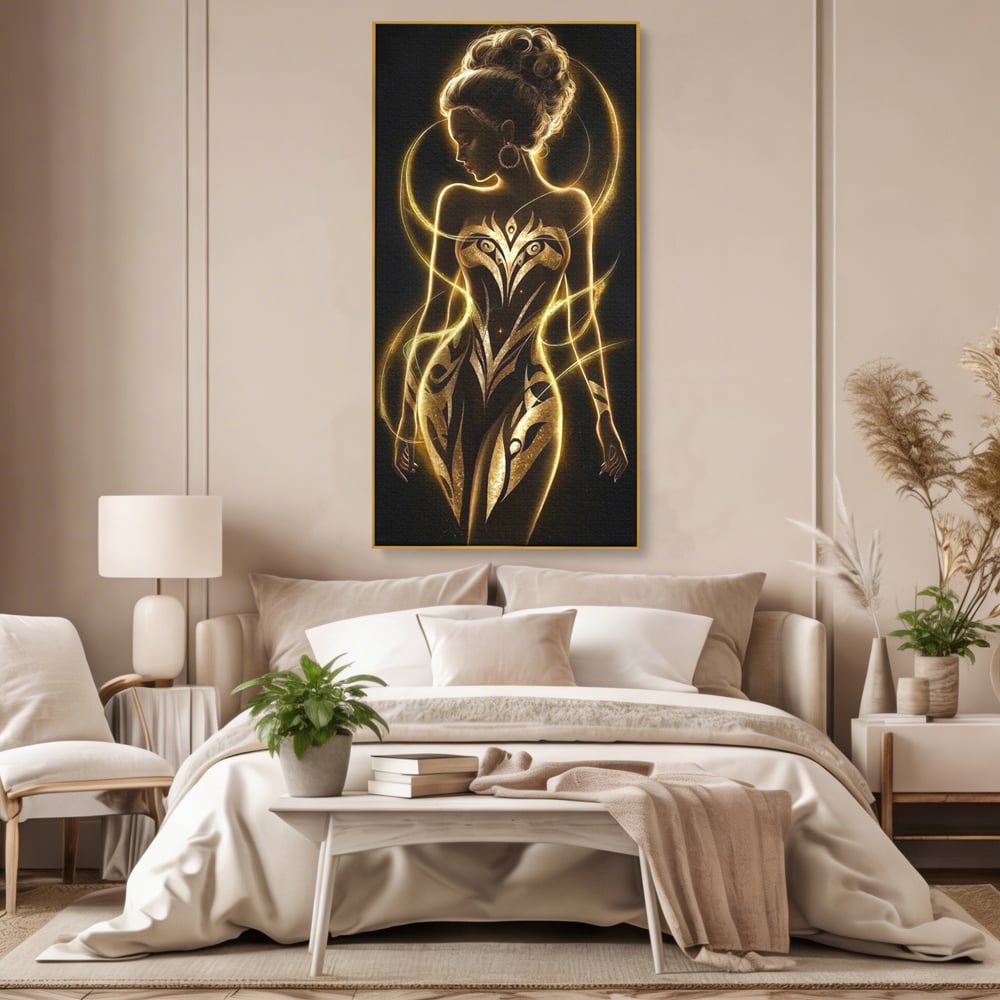 Tablou Canvas Premium, LuxCanva® P1049, Dansul Aurului, Regina, Lumina, Silueta, Divin, Spirit, Aurora, Feminitate, Energie, Solar, Regal, Trup, Sacru, Gratie, Cosmic, Living, Dormitor