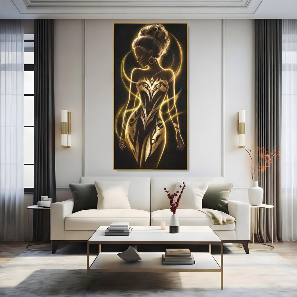 Tablou Canvas Premium, LuxCanva® P1049, Dansul Aurului, Regina, Lumina, Silueta, Divin, Spirit, Aurora, Feminitate, Energie, Solar, Regal, Trup, Sacru, Gratie, Cosmic, Living, Dormitor