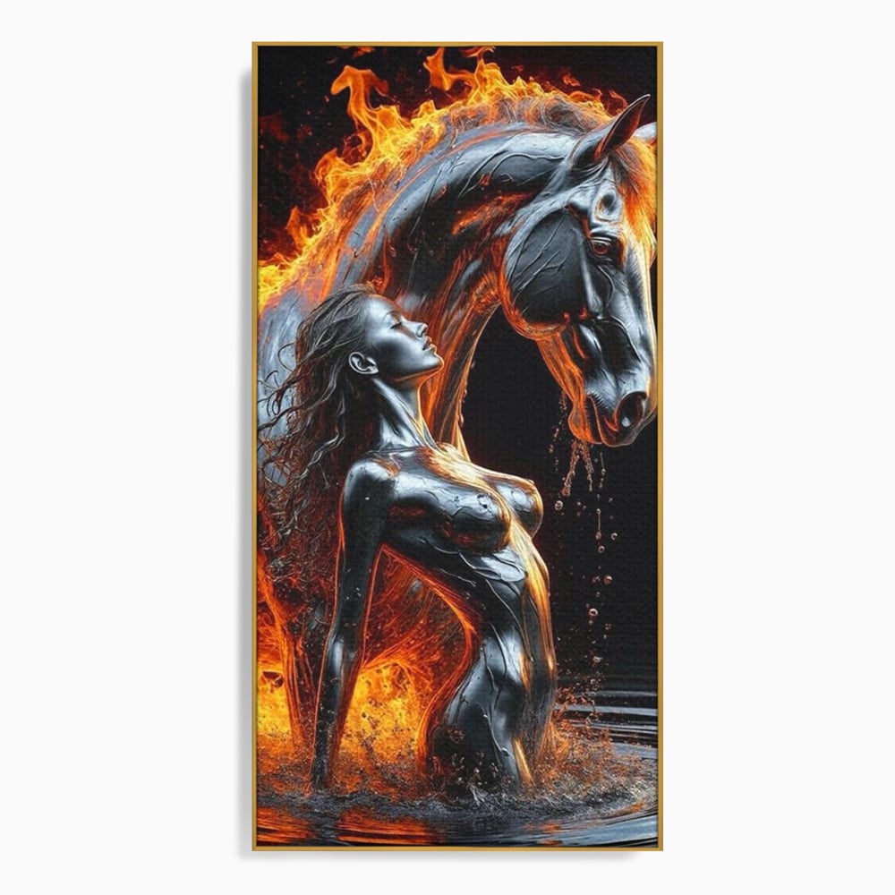 Tablou Canvas Premium, LuxCanva® P1050, Spirit Animalic, Foc, Armasar, Renastere, Jar, Metal, Elemental, Vulcanic, Infern, Apa, Contrast, Mistic, Intensitate, Dorinta, Living, Dormitor