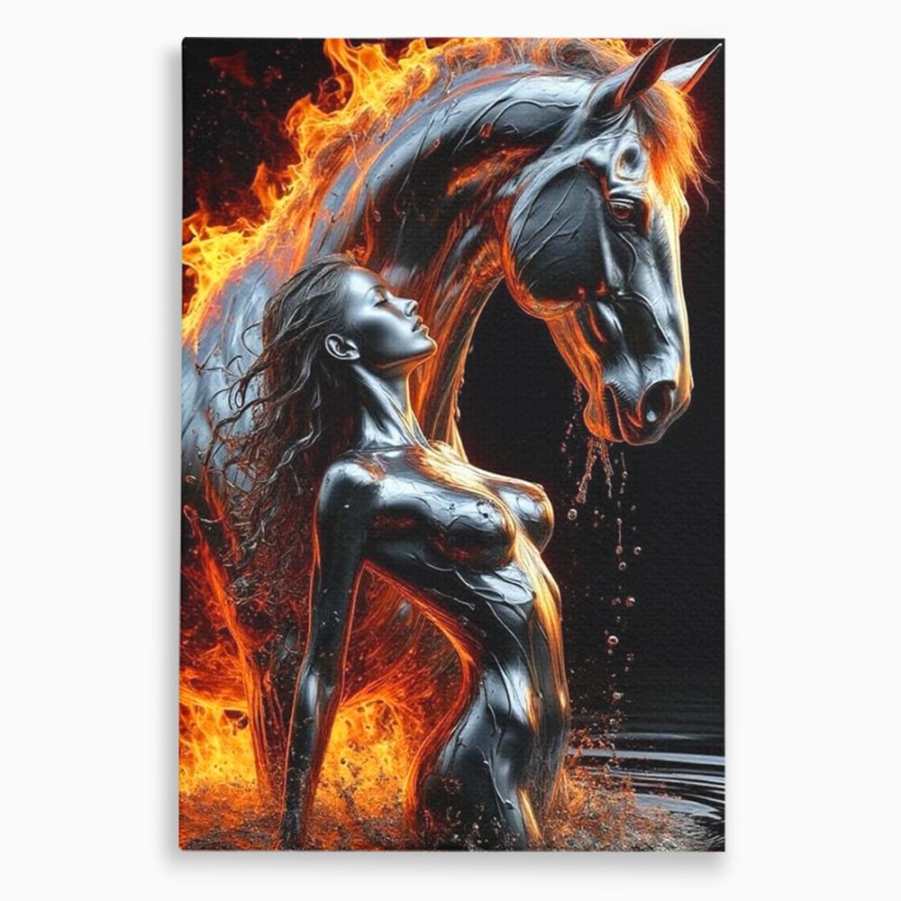 Tablou Canvas Premium, LuxCanva® P1050, Spirit Animalic, Foc, Armasar, Renastere, Jar, Metal, Elemental, Vulcanic, Infern, Apa, Contrast, Mistic, Intensitate, Dorinta, Living, Dormitor