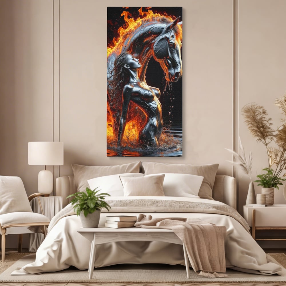 Tablou Canvas Premium, LuxCanva® P1050, Spirit Animalic, Foc, Armasar, Renastere, Jar, Metal, Elemental, Vulcanic, Infern, Apa, Contrast, Mistic, Intensitate, Dorinta, Living, Dormitor