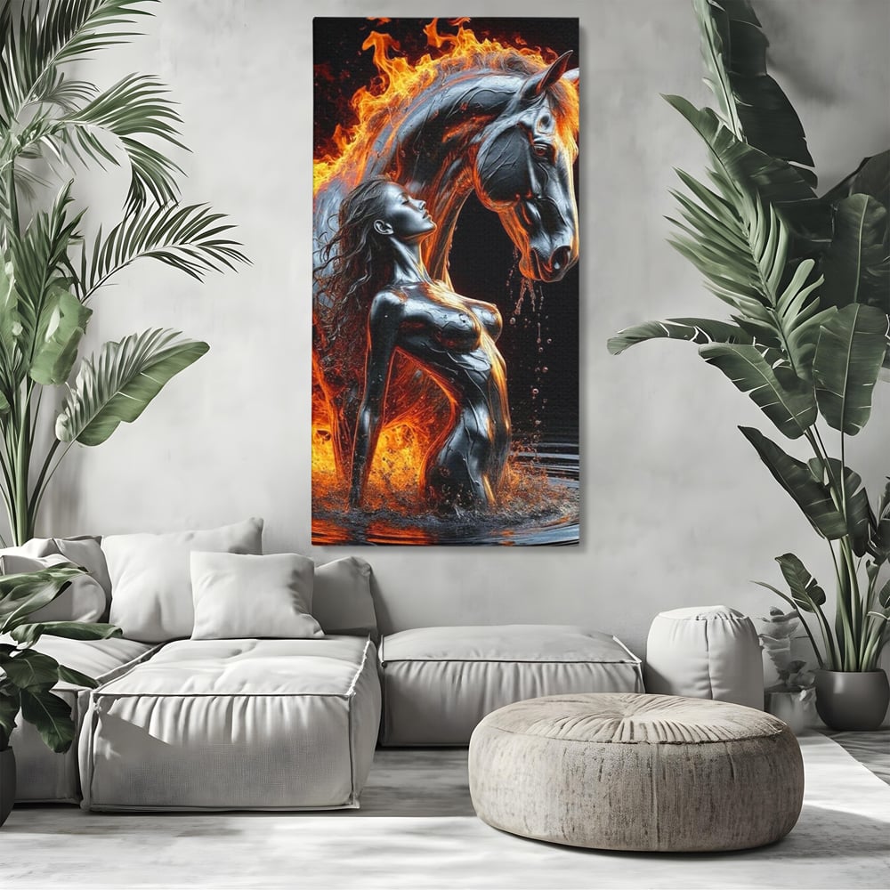 Tablou Canvas Premium, LuxCanva® P1050, Spirit Animalic, Foc, Armasar, Renastere, Jar, Metal, Elemental, Vulcanic, Infern, Apa, Contrast, Mistic, Intensitate, Dorinta, Living, Dormitor