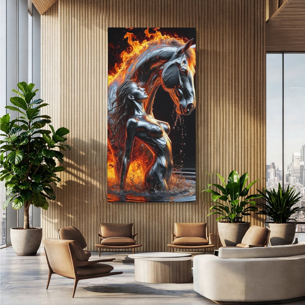 Tablou Canvas Premium, LuxCanva® P1050, Spirit Animalic, Foc, Armasar, Renastere, Jar, Metal, Elemental, Vulcanic, Infern, Apa, Contrast, Mistic, Intensitate, Dorinta, Living, Dormitor