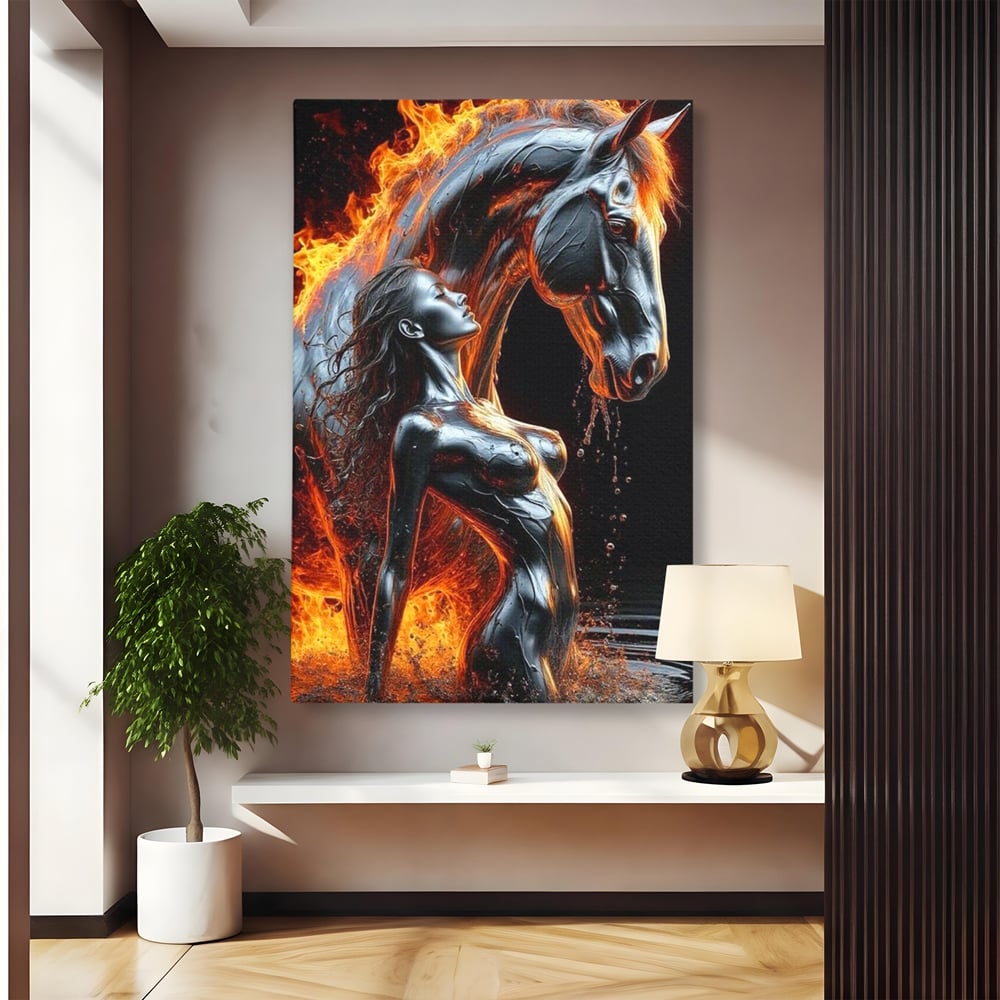 Tablou Canvas Premium, LuxCanva® P1050, Spirit Animalic, Foc, Armasar, Renastere, Jar, Metal, Elemental, Vulcanic, Infern, Apa, Contrast, Mistic, Intensitate, Dorinta, Living, Dormitor