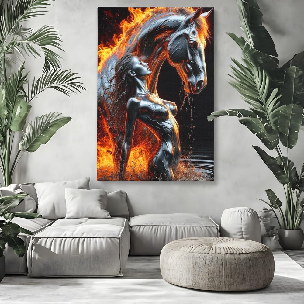 Tablou Canvas Premium, LuxCanva® P1050, Spirit Animalic, Foc, Armasar, Renastere, Jar, Metal, Elemental, Vulcanic, Infern, Apa, Contrast, Mistic, Intensitate, Dorinta, Living, Dormitor