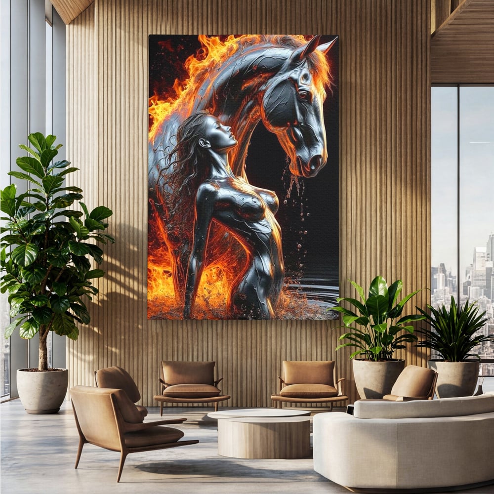 Tablou Canvas Premium, LuxCanva® P1050, Spirit Animalic, Foc, Armasar, Renastere, Jar, Metal, Elemental, Vulcanic, Infern, Apa, Contrast, Mistic, Intensitate, Dorinta, Living, Dormitor