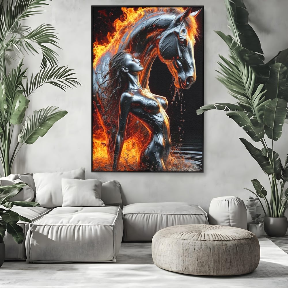 Tablou Canvas Premium, LuxCanva® P1050, Spirit Animalic, Foc, Armasar, Renastere, Jar, Metal, Elemental, Vulcanic, Infern, Apa, Contrast, Mistic, Intensitate, Dorinta, Living, Dormitor