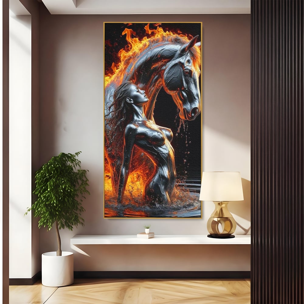 Tablou Canvas Premium, LuxCanva® P1050, Spirit Animalic, Foc, Armasar, Renastere, Jar, Metal, Elemental, Vulcanic, Infern, Apa, Contrast, Mistic, Intensitate, Dorinta, Living, Dormitor