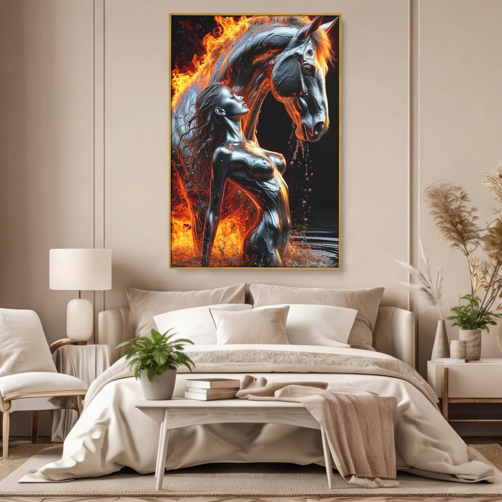 Tablou Canvas Premium, LuxCanva® P1050, Spirit Animalic, Foc, Armasar, Renastere, Jar, Metal, Elemental, Vulcanic, Infern, Apa, Contrast, Mistic, Intensitate, Dorinta, Living, Dormitor