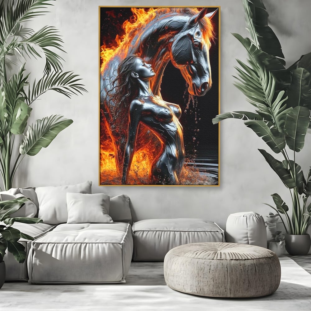 Tablou Canvas Premium, LuxCanva® P1050, Spirit Animalic, Foc, Armasar, Renastere, Jar, Metal, Elemental, Vulcanic, Infern, Apa, Contrast, Mistic, Intensitate, Dorinta, Living, Dormitor