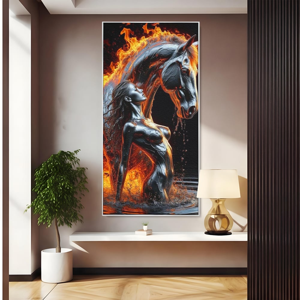 Tablou Canvas Premium, LuxCanva® P1050, Spirit Animalic, Foc, Armasar, Renastere, Jar, Metal, Elemental, Vulcanic, Infern, Apa, Contrast, Mistic, Intensitate, Dorinta, Living, Dormitor