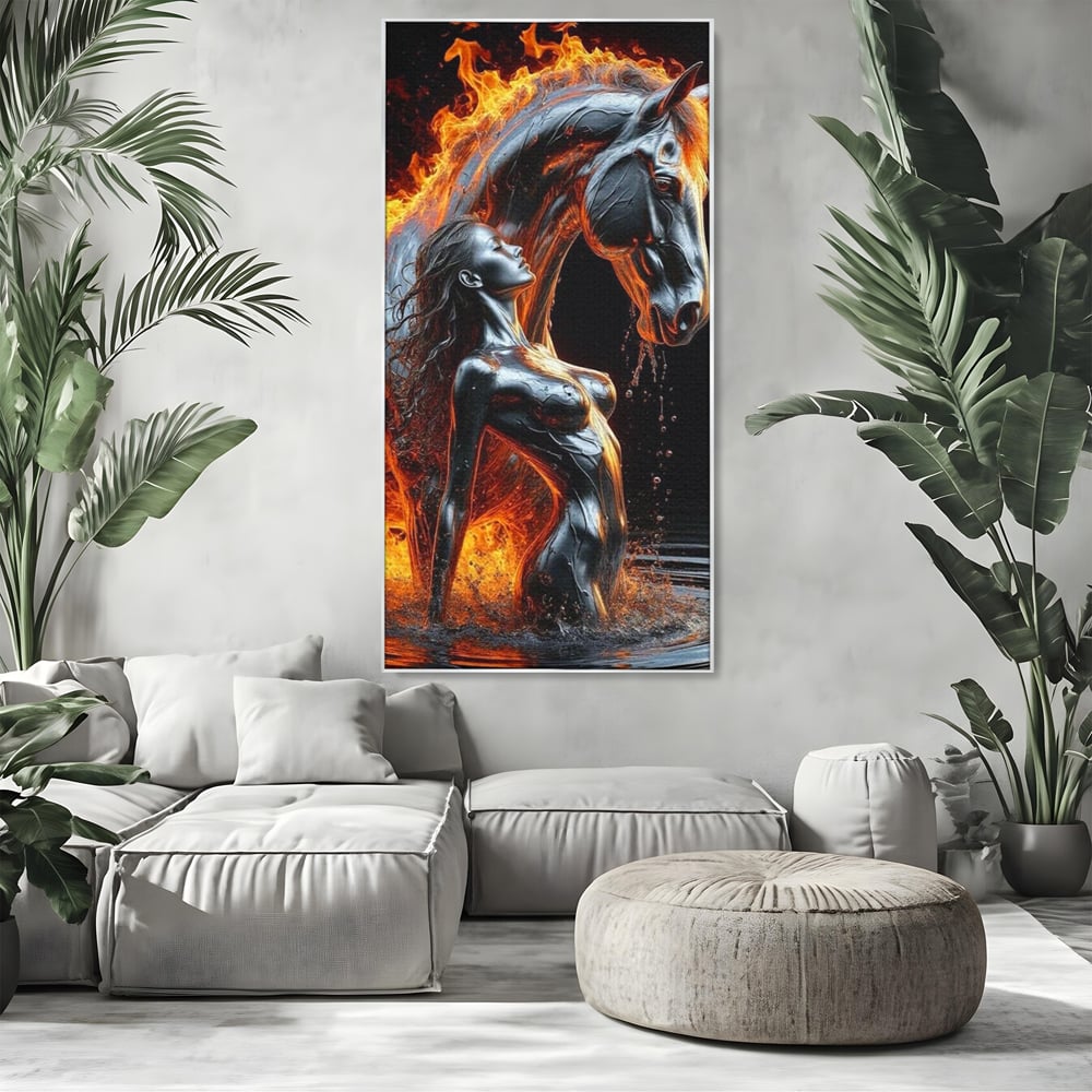 Tablou Canvas Premium, LuxCanva® P1050, Spirit Animalic, Foc, Armasar, Renastere, Jar, Metal, Elemental, Vulcanic, Infern, Apa, Contrast, Mistic, Intensitate, Dorinta, Living, Dormitor