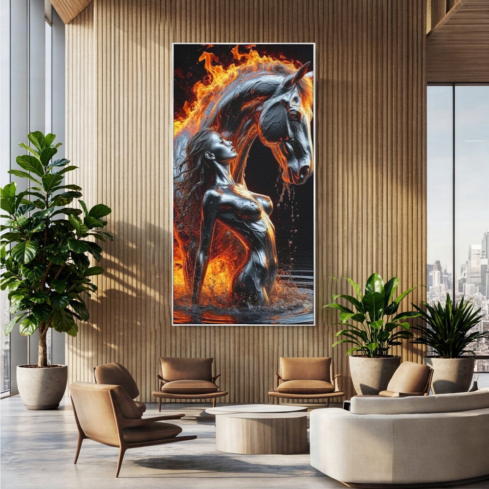 Tablou Canvas Premium, LuxCanva® P1050, Spirit Animalic, Foc, Armasar, Renastere, Jar, Metal, Elemental, Vulcanic, Infern, Apa, Contrast, Mistic, Intensitate, Dorinta, Living, Dormitor