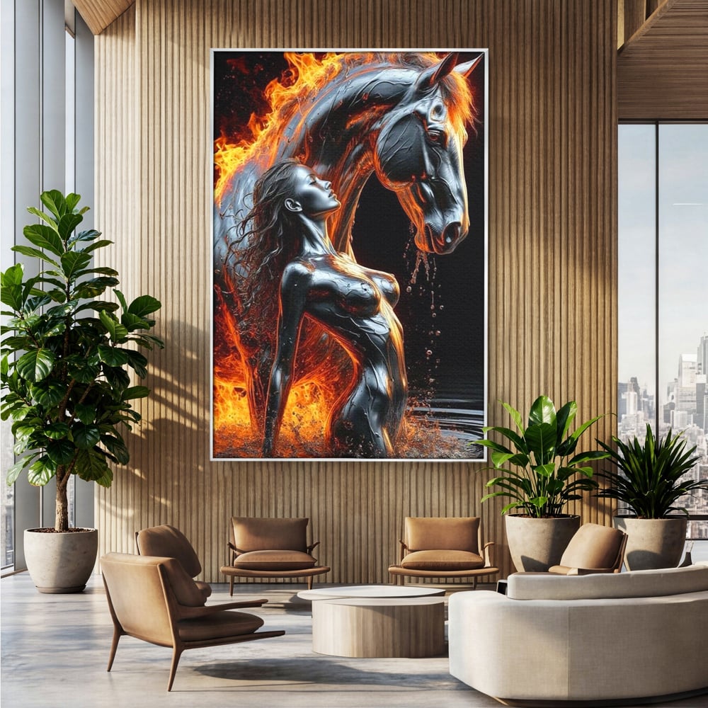 Tablou Canvas Premium, LuxCanva® P1050, Spirit Animalic, Foc, Armasar, Renastere, Jar, Metal, Elemental, Vulcanic, Infern, Apa, Contrast, Mistic, Intensitate, Dorinta, Living, Dormitor