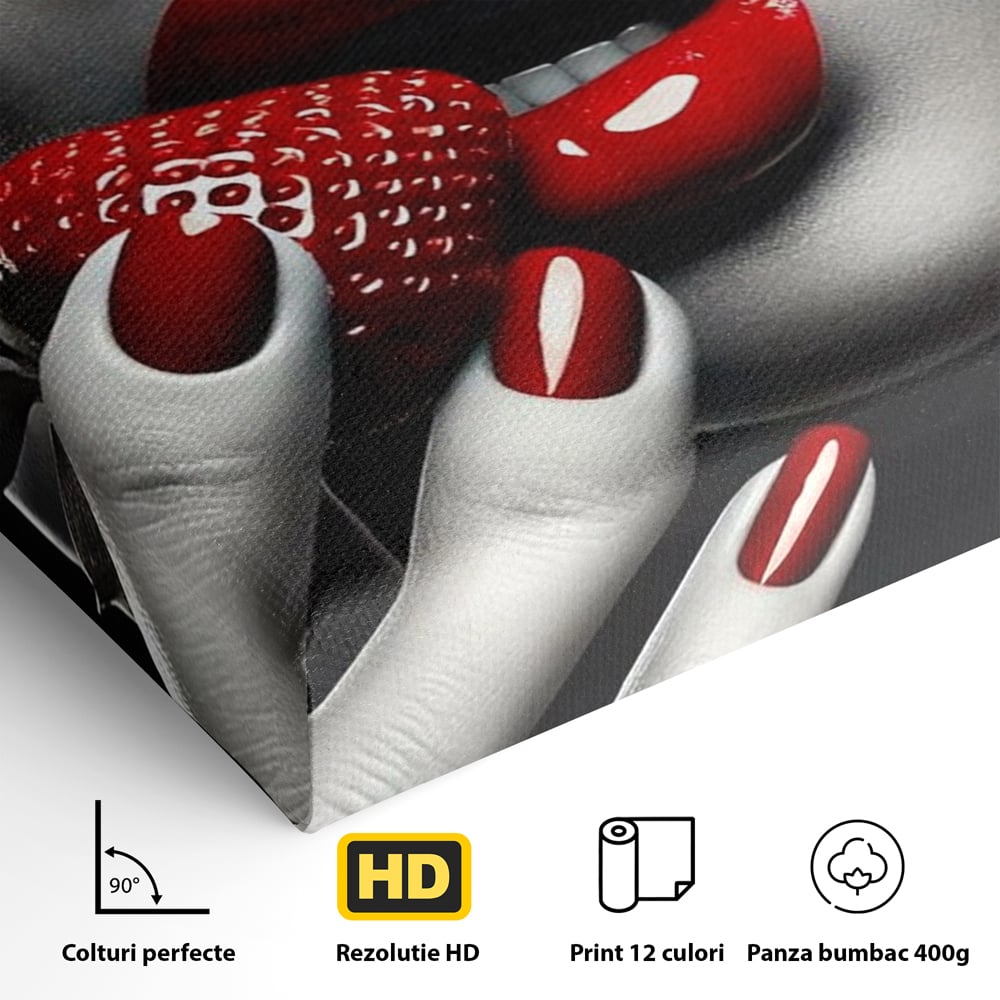 Leinwand Premium Leinwand Wandbilder, LuxCanva® P1051, Geschmack der Sünde, Versuchung, Rot, Erdbeere, Geschmack, Verboten, Süß, Spitze, Kuss, Weiß, Schwarz, Verlockend, Dramatisch, Mysterium, Wohnen, Schlafzimmer