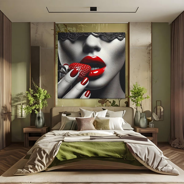 Leinwand Premium Leinwand Wandbilder, LuxCanva® P1051, Geschmack der Sünde, Versuchung, Rot, Erdbeere, Geschmack, Verboten, Süß, Spitze, Kuss, Weiß, Schwarz, Verlockend, Dramatisch, Mysterium, Wohnen, Schlafzimmer