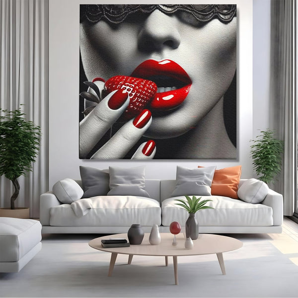 Leinwand Premium Leinwand Wandbilder, LuxCanva® P1051, Geschmack der Sünde, Versuchung, Rot, Erdbeere, Geschmack, Verboten, Süß, Spitze, Kuss, Weiß, Schwarz, Verlockend, Dramatisch, Mysterium, Wohnen, Schlafzimmer