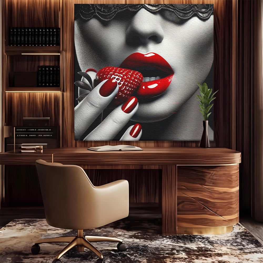 Leinwand Premium Leinwand Wandbilder, LuxCanva® P1051, Geschmack der Sünde, Versuchung, Rot, Erdbeere, Geschmack, Verboten, Süß, Spitze, Kuss, Weiß, Schwarz, Verlockend, Dramatisch, Mysterium, Wohnen, Schlafzimmer