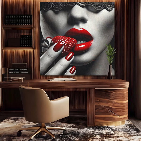 Leinwand Premium Leinwand Wandbilder, LuxCanva® P1051, Geschmack der Sünde, Versuchung, Rot, Erdbeere, Geschmack, Verboten, Süß, Spitze, Kuss, Weiß, Schwarz, Verlockend, Dramatisch, Mysterium, Wohnen, Schlafzimmer