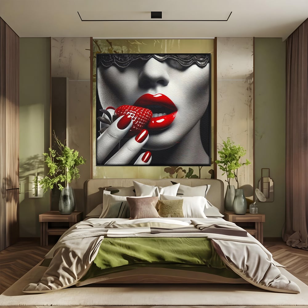 Leinwand Premium Leinwand Wandbilder, LuxCanva® P1051, Geschmack der Sünde, Versuchung, Rot, Erdbeere, Geschmack, Verboten, Süß, Spitze, Kuss, Weiß, Schwarz, Verlockend, Dramatisch, Mysterium, Wohnen, Schlafzimmer