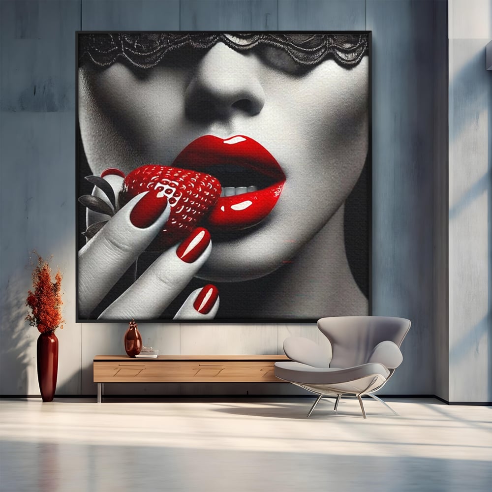 Leinwand Premium Leinwand Wandbilder, LuxCanva® P1051, Geschmack der Sünde, Versuchung, Rot, Erdbeere, Geschmack, Verboten, Süß, Spitze, Kuss, Weiß, Schwarz, Verlockend, Dramatisch, Mysterium, Wohnen, Schlafzimmer
