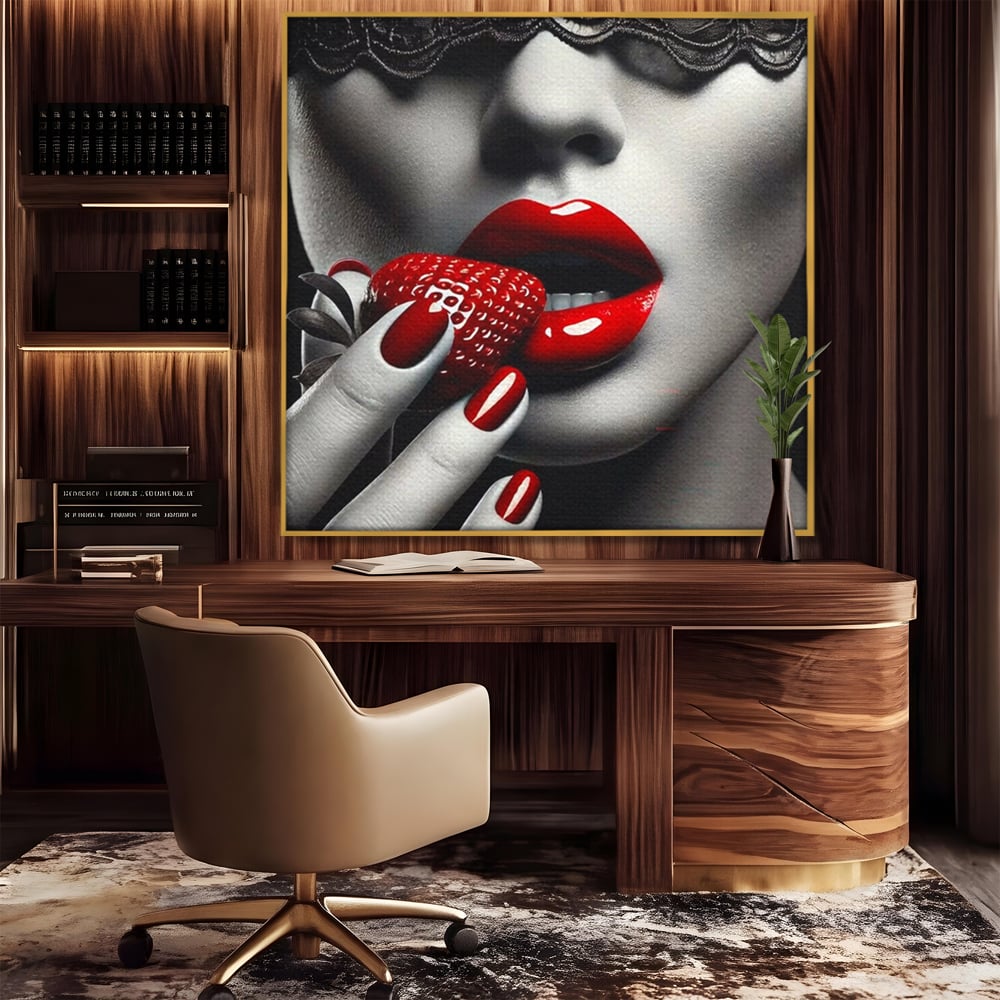 Leinwand Premium Leinwand Wandbilder, LuxCanva® P1051, Geschmack der Sünde, Versuchung, Rot, Erdbeere, Geschmack, Verboten, Süß, Spitze, Kuss, Weiß, Schwarz, Verlockend, Dramatisch, Mysterium, Wohnen, Schlafzimmer