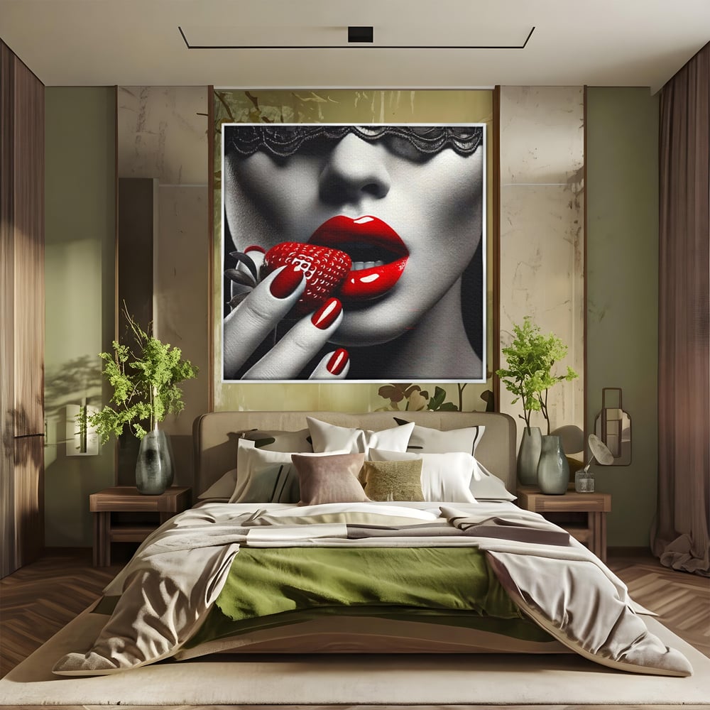 Leinwand Premium Leinwand Wandbilder, LuxCanva® P1051, Geschmack der Sünde, Versuchung, Rot, Erdbeere, Geschmack, Verboten, Süß, Spitze, Kuss, Weiß, Schwarz, Verlockend, Dramatisch, Mysterium, Wohnen, Schlafzimmer