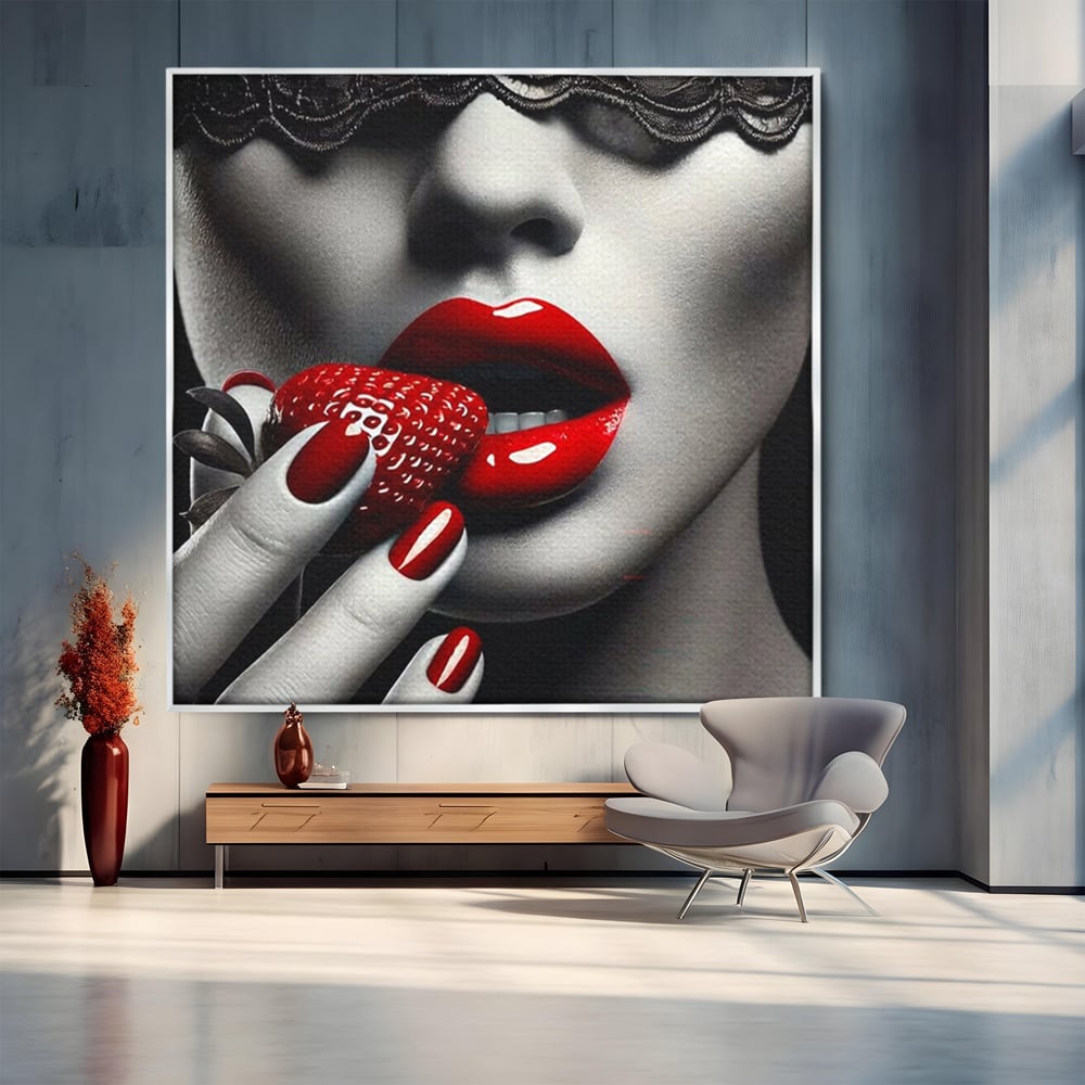 Leinwand Premium Leinwand Wandbilder, LuxCanva® P1051, Geschmack der Sünde, Versuchung, Rot, Erdbeere, Geschmack, Verboten, Süß, Spitze, Kuss, Weiß, Schwarz, Verlockend, Dramatisch, Mysterium, Wohnen, Schlafzimmer