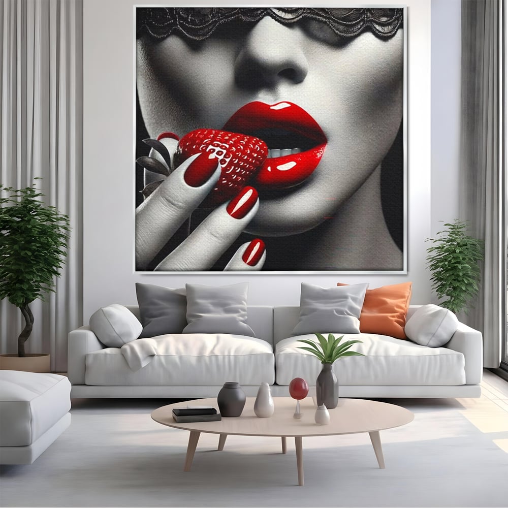 Leinwand Premium Leinwand Wandbilder, LuxCanva® P1051, Geschmack der Sünde, Versuchung, Rot, Erdbeere, Geschmack, Verboten, Süß, Spitze, Kuss, Weiß, Schwarz, Verlockend, Dramatisch, Mysterium, Wohnen, Schlafzimmer