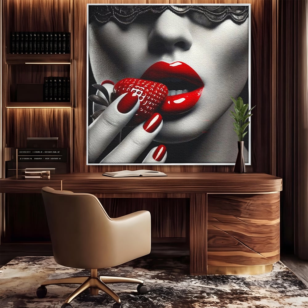 Leinwand Premium Leinwand Wandbilder, LuxCanva® P1051, Geschmack der Sünde, Versuchung, Rot, Erdbeere, Geschmack, Verboten, Süß, Spitze, Kuss, Weiß, Schwarz, Verlockend, Dramatisch, Mysterium, Wohnen, Schlafzimmer