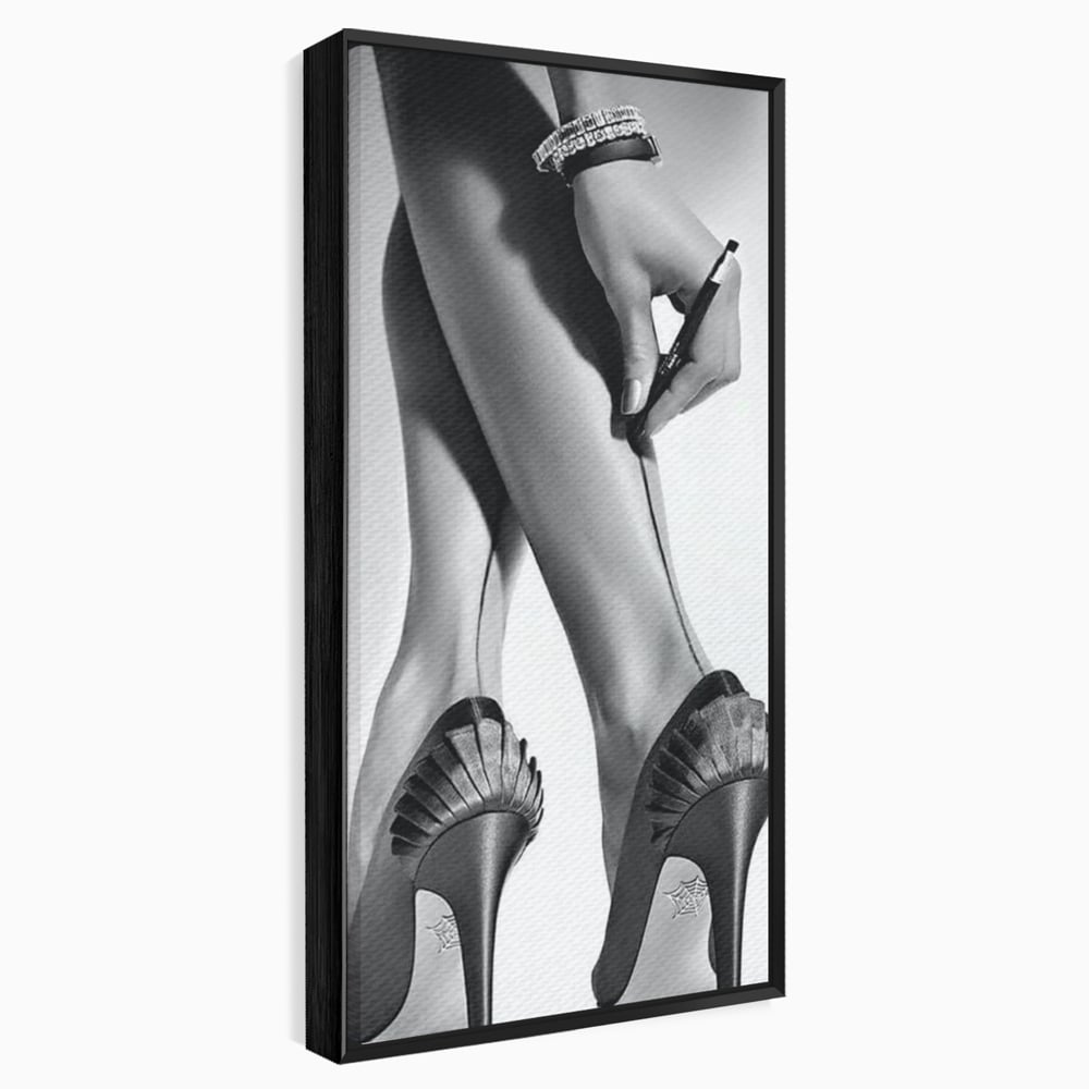 Tablou Canvas Premium, LuxCanva® P1052, Rafinament in Miscare, Dres, Linie, Pantofi, Tocuri, Pasi, Eleganta, Arta, Moda, Glamour, Picioare, Detaliu, Alb, Negru, Living, Dormitor