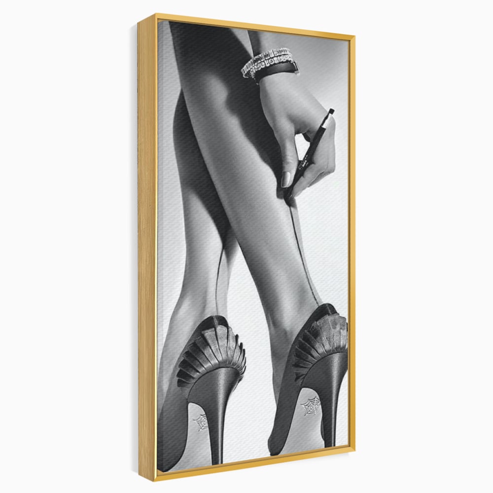 Tablou Canvas Premium, LuxCanva® P1052, Rafinament in Miscare, Dres, Linie, Pantofi, Tocuri, Pasi, Eleganta, Arta, Moda, Glamour, Picioare, Detaliu, Alb, Negru, Living, Dormitor