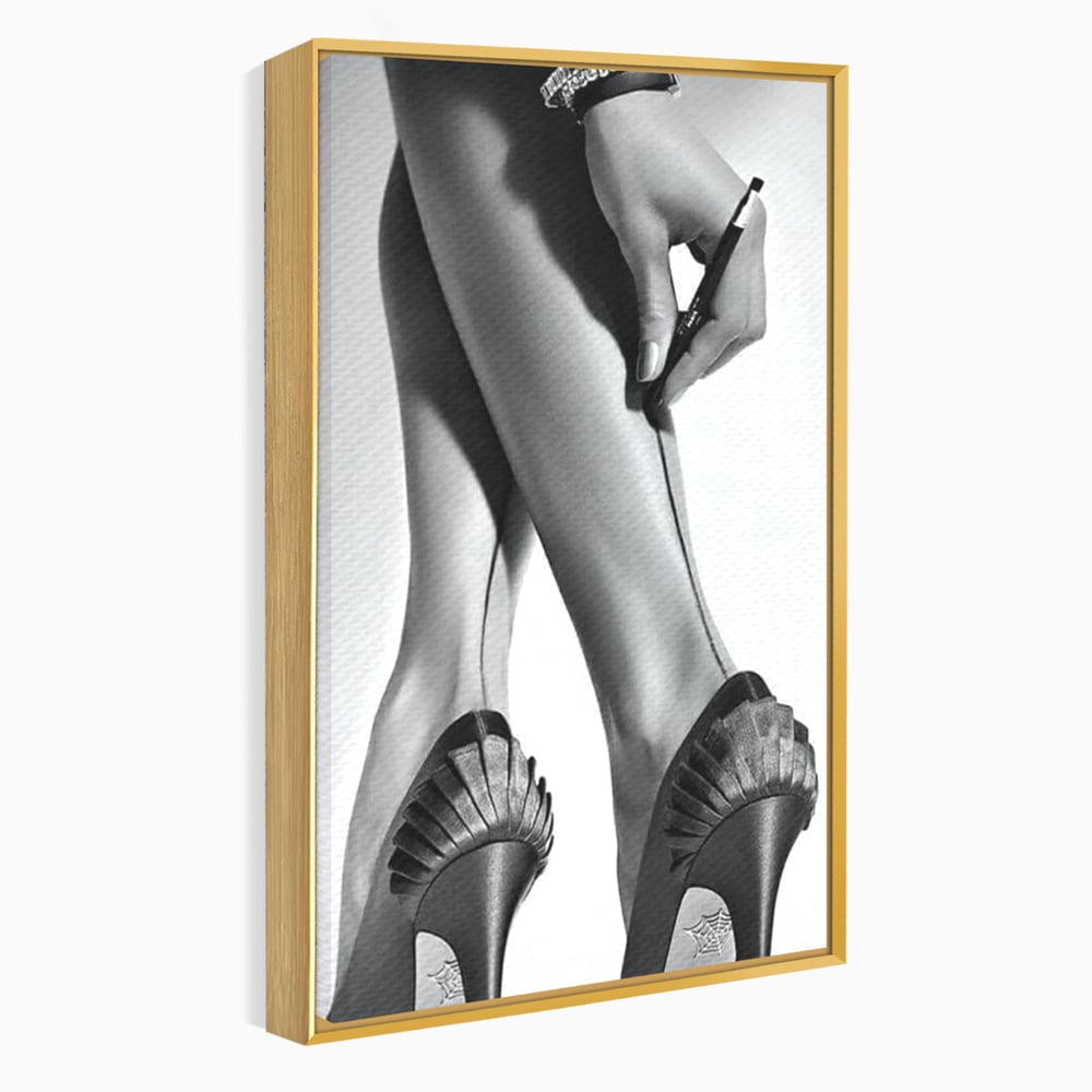Tablou Canvas Premium, LuxCanva® P1052, Rafinament in Miscare, Dres, Linie, Pantofi, Tocuri, Pasi, Eleganta, Arta, Moda, Glamour, Picioare, Detaliu, Alb, Negru, Living, Dormitor