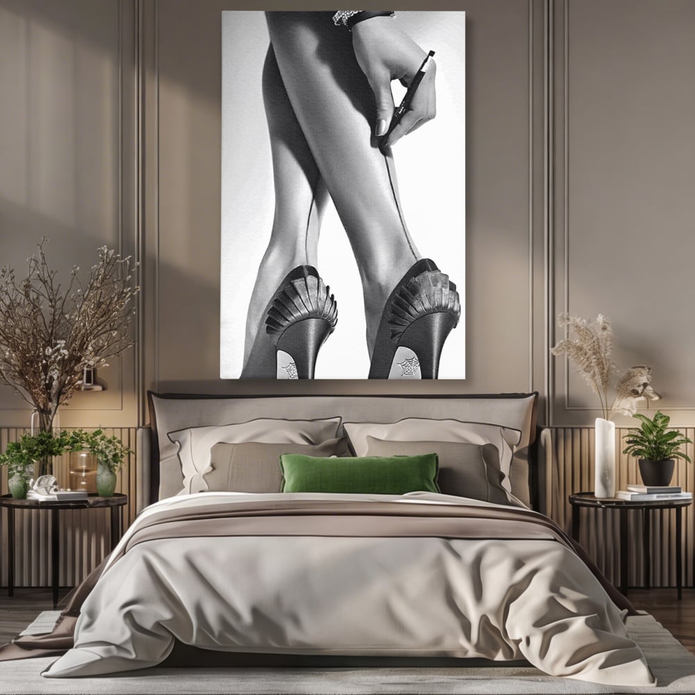 Tablou Canvas Premium, LuxCanva® P1052, Rafinament in Miscare, Dres, Linie, Pantofi, Tocuri, Pasi, Eleganta, Arta, Moda, Glamour, Picioare, Detaliu, Alb, Negru, Living, Dormitor