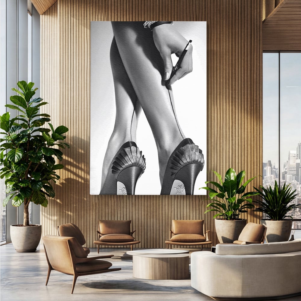 Tablou Canvas Premium, LuxCanva® P1052, Rafinament in Miscare, Dres, Linie, Pantofi, Tocuri, Pasi, Eleganta, Arta, Moda, Glamour, Picioare, Detaliu, Alb, Negru, Living, Dormitor