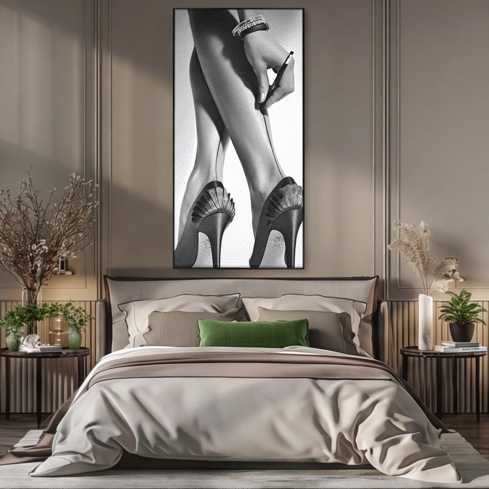 Tablou Canvas Premium, LuxCanva® P1052, Rafinament in Miscare, Dres, Linie, Pantofi, Tocuri, Pasi, Eleganta, Arta, Moda, Glamour, Picioare, Detaliu, Alb, Negru, Living, Dormitor
